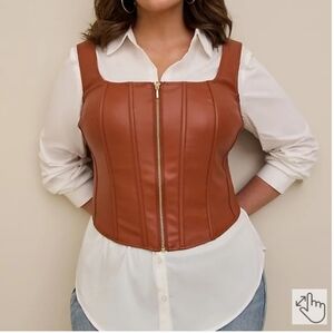 🆕️ COGNAC FAUX LEATHER ZIP FRONT CORSET VEST